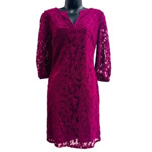Adrianna Papell Magenta Pink Floral Lace Sheath Dress 6 3/4 Sleeve Notched